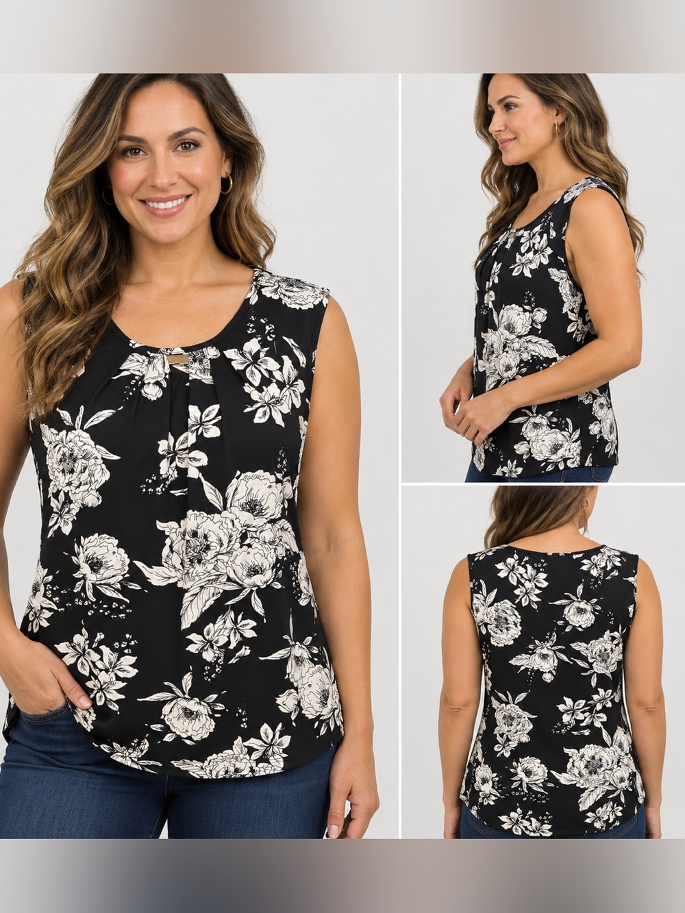 Sleeveless Floral Blouse Size L Black White Pleated Neck NWT